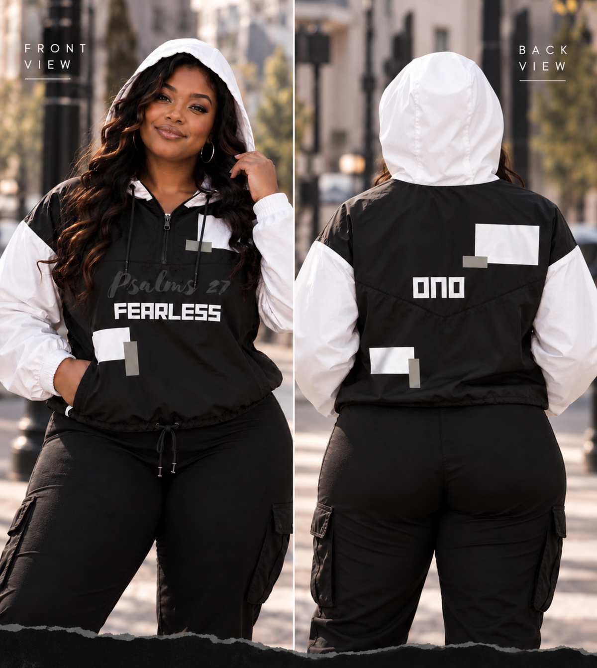 A model is shown in a front and back view wearing a black and white hooded zip-up jacket and black cargo pants in an outdoor urban setting. The jacket features 'FEARLESS' printed on the front and 'FND' on the back.