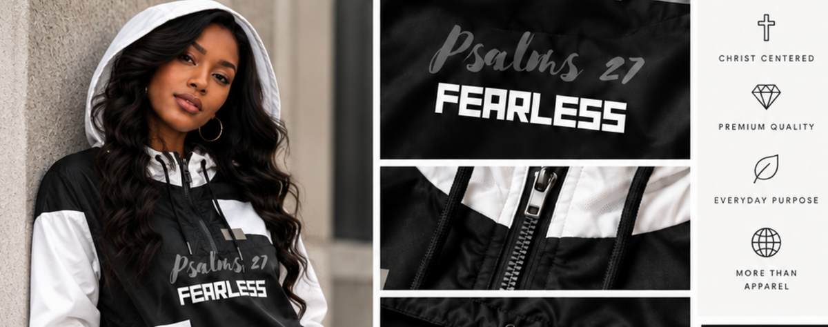 A black and white hooded sweatshirt with 'Psalm 27 FEARLESS' printed on the front, shown on a model in a lifestyle layout alongside detail close-ups and feature icons.