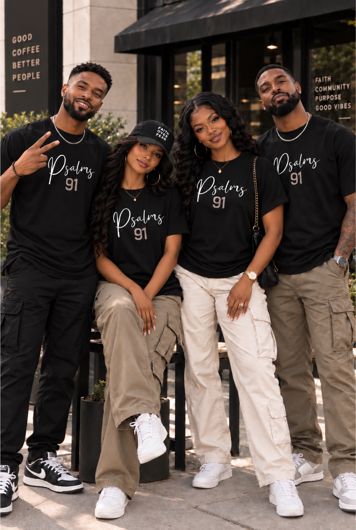 Four people posing together outdoors in matching black t-shirts with 'Psalms 91' printed in white script across the chest. The group is dressed in casual streetwear, with black cargo pants, beige pants, and white sneakers, set against a modern building facade with black signage.