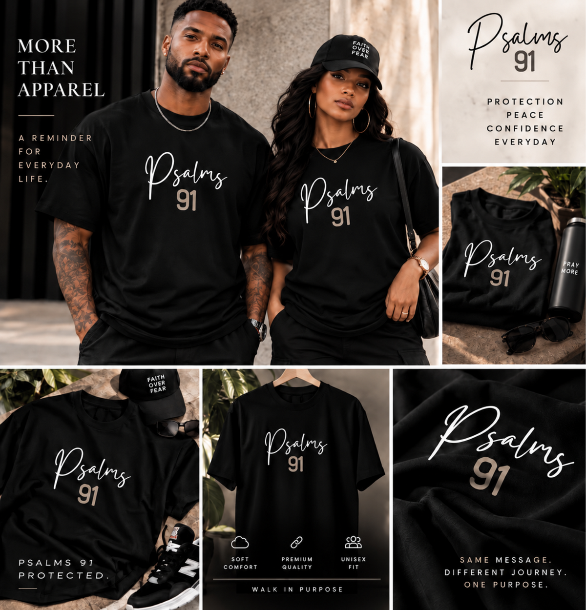 A collage showing multiple models and product close-ups wearing black T-shirts printed with the words 'Psalms 91' in white script and a gold number 91. The image includes a couple modeling the shirts, a black tote bag with the same print, a black bottle with a matching print, and several detail panels showing the fabric and print quality.