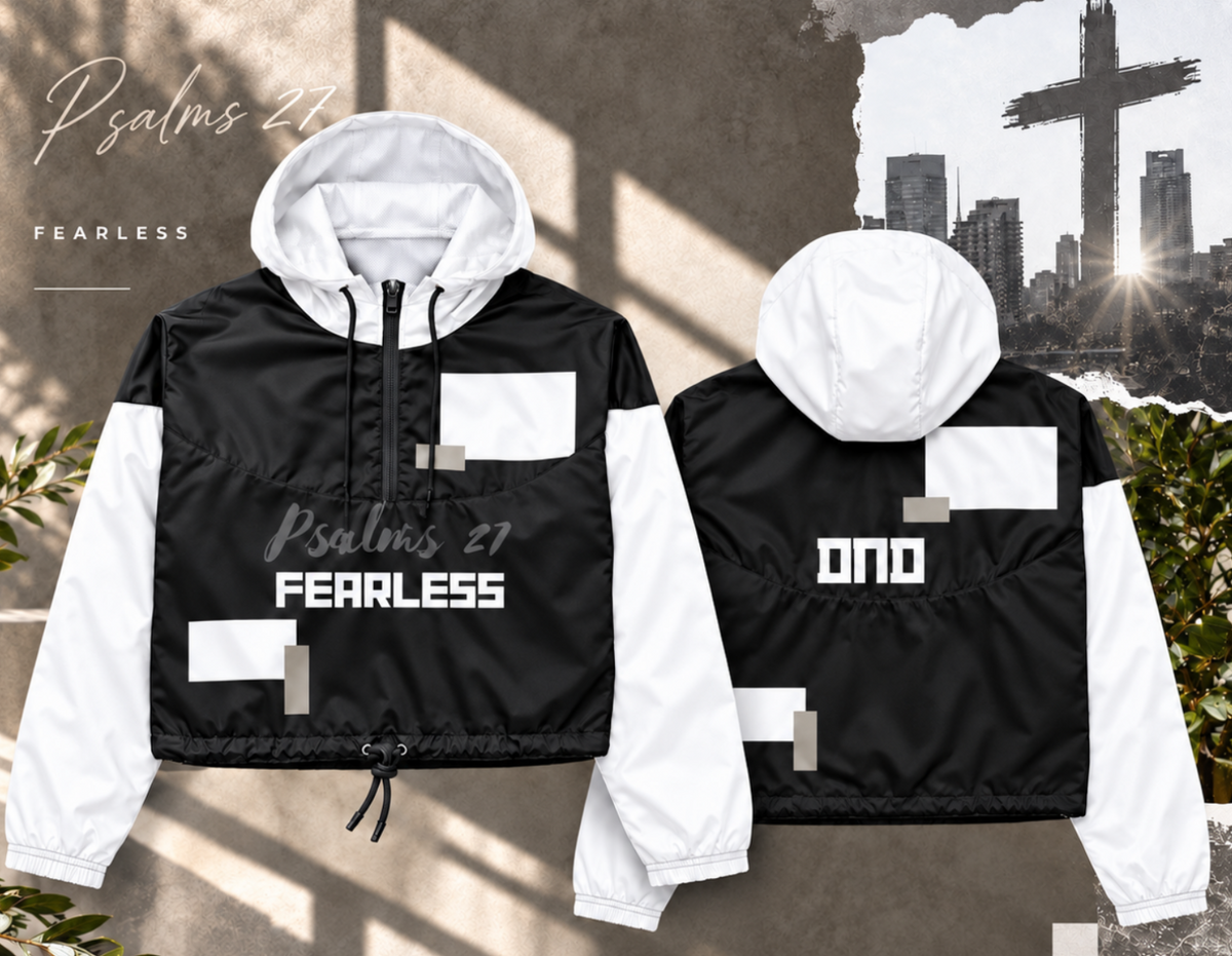Black and white hooded windbreaker jacket shown from the front and back, featuring white text on the front reading 'Psalm 37 FEARLESS' and 'ONO' on the back, displayed against a textured urban background with a cross and city skyline.