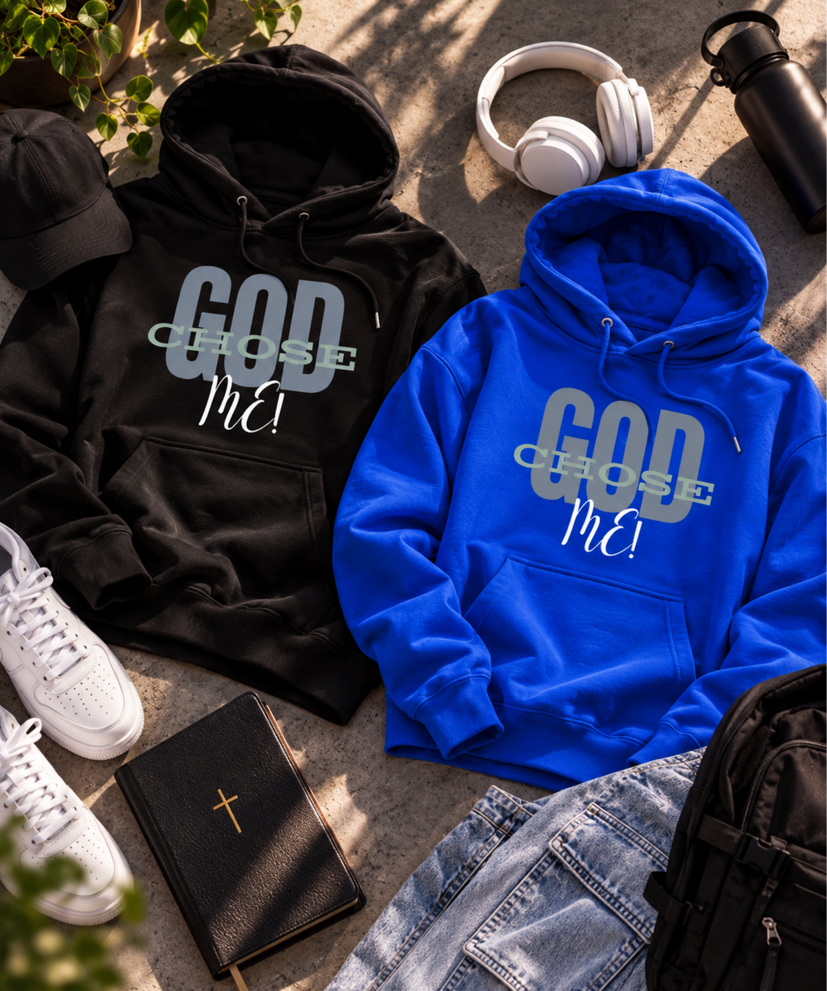 Two hoodies laid flat outdoors on a stone surface: one black hoodie with large gray 'GOD' and white 'He!' text, and one bright blue hoodie with large gray 'GOD' and white 'He!' text. Surrounding props include white sneakers, white headphones, a black backpack, a black book with a gold cross, jeans, and small greenery.